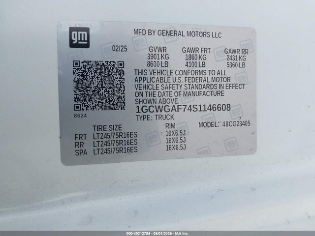 Продаж на аукціоні авто 2025 Chevrolet Express Cargo Rwd 2500 Regular Wheelbase Wt, vin: 1GCWGAF74S1146608, номер лоту: 45212794