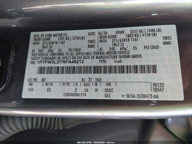Aukcja sprzedaży 2024 Ford F-150 Xlt, vin: 1FTFW3LD7RFA48212, numer aukcji: 45212796