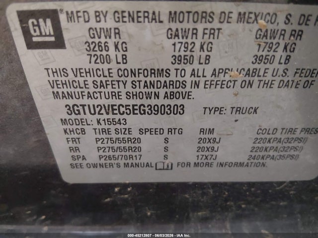 Aukcja sprzedaży 2014 Gmc Sierra 1500 Slt, vin: 3GTU2VEC5EG390303, numer aukcji: 45212807