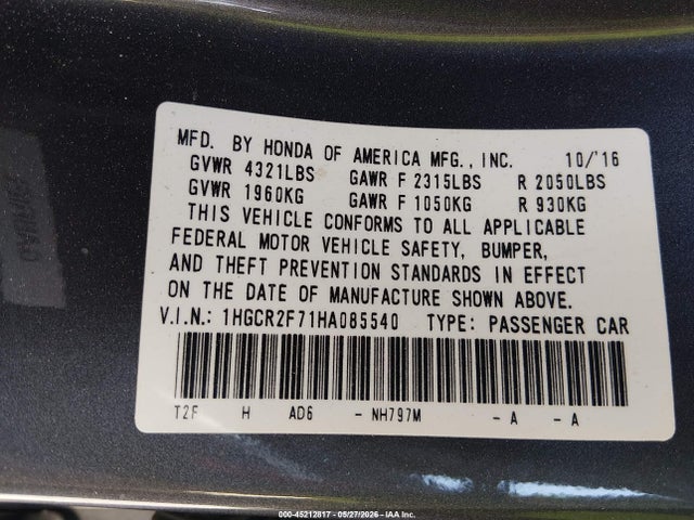 2017 Honda Accord Ex მანქანა იყიდება აუქციონზე, vin: 1HGCR2F71HA085540, აუქციონის ნომერი: 45212817