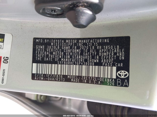 Aukcja sprzedaży 2016 Toyota Corolla Le, vin: 5YFBURHE1GP438088, numer aukcji: 45212818