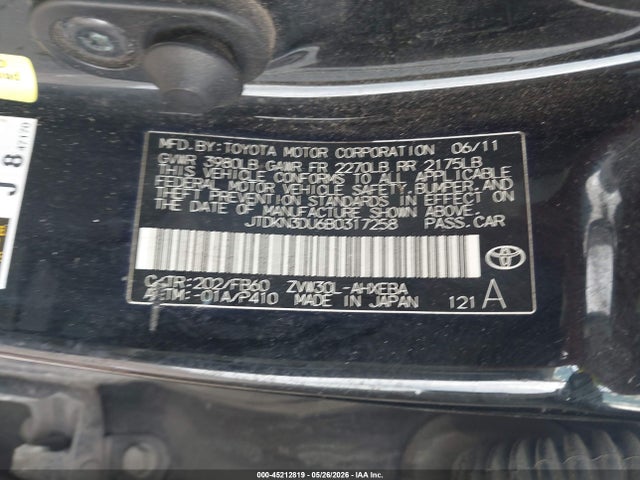 45212819 :رقم المزاد ، JTDKN3DU6B0317258 vin ، 2011 Toyota Prius Three مزاد بيع