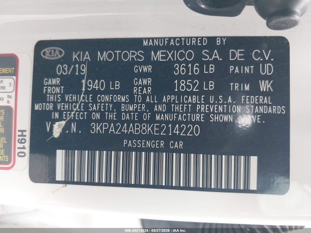 Aukcja sprzedaży 2019 Kia Rio S, vin: 3KPA24AB8KE214220, numer aukcji: 45212824