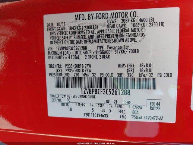 2012 Ford Mustang Gt მანქანა იყიდება აუქციონზე, vin: 1ZVBP8CF3C5261288, აუქციონის ნომერი: 45212827