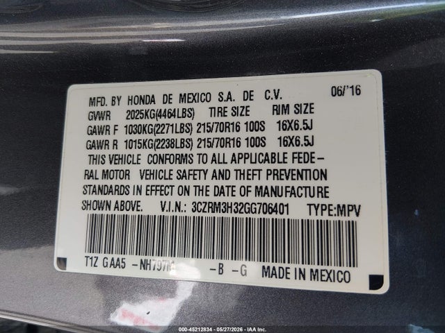 Honda CR-V LX 2016 3CZRM3H32GG706401 Image 9