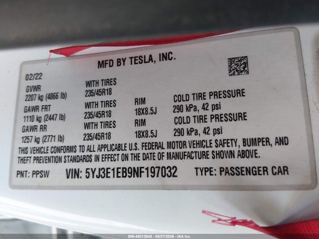 5YJ3E1EB9NF197032 Tesla Model 3 Long Range Dual Motor All-wheel Drive
