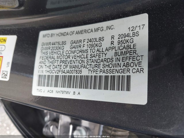 1HGCV2F54JA007835 Honda Accord Ex-l 2.0t