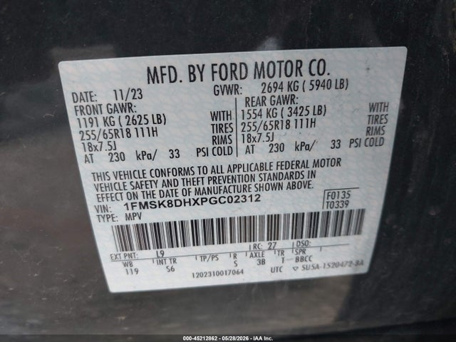 45212862 :رقم المزاد ، 1FMSK8DHXPGC02312 vin ، 2023 Ford Explorer Xlt مزاد بيع