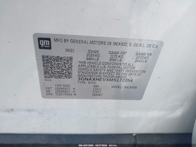 Aukcja sprzedaży 2021 Chevrolet Equinox Fwd Ls, vin: 3GNAXHEVXMS172254, numer aukcji: 45212865