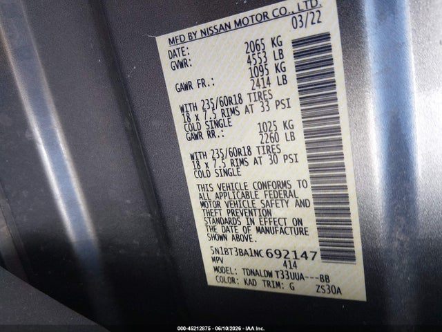 Auction sale of the 2022 Nissan Rogue Sv Fwd, vin: 5N1BT3BA1NC692147, lot number: 45212875
