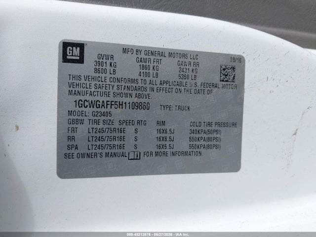 45212876 :رقم المزاد ، 1GCWGAFF5H1109860 vin ، 2017 Chevrolet Express 2500 Work Van مزاد بيع