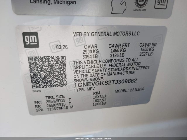 Продажа на аукционе авто 2026 Chevrolet Traverse Awd Lt, vin: 1GNEVGKS2TJ309862, номер лота: 45212892