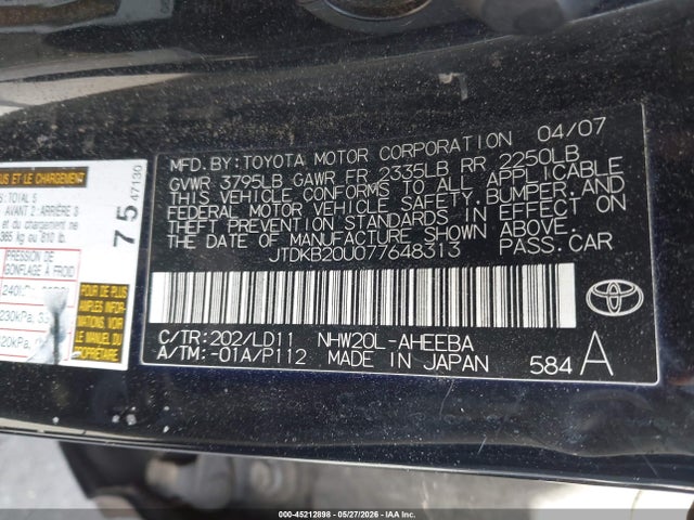 Продажа на аукционе авто 2007 Toyota Prius, vin: JTDKB20U077648313, номер лота: 45212898