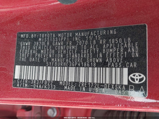 Aukcja sprzedaży 2016 Toyota Corolla S Plus, vin: 5YFBURHE3GP418618, numer aukcji: 45212910