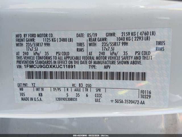Aukcja sprzedaży 2019 Ford Escape Se, vin: 1FMCU9GDXKUC11891, numer aukcji: 45212916