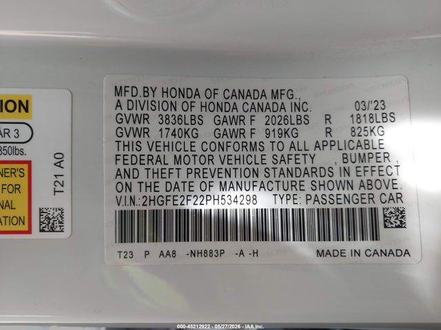 45212922 :رقم المزاد ، 2HGFE2F22PH534298 vin ، 2023 Honda Civic Lx مزاد بيع