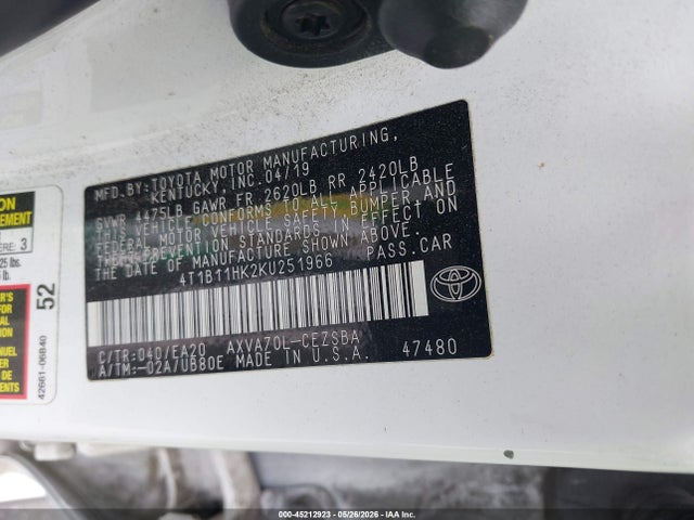 4T1B11HK2KU251966 Toyota CAMRY SE
