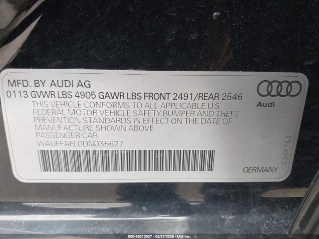 2013 Audi A4 2.0t Premium მანქანა იყიდება აუქციონზე, vin: WAUFFAFL0DN035627, აუქციონის ნომერი: 45212927