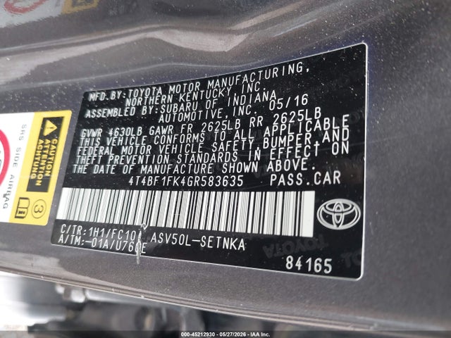 Продажа на аукционе авто 2016 Toyota Camry Le, vin: 4T4BF1FK4GR583635, номер лота: 45212930