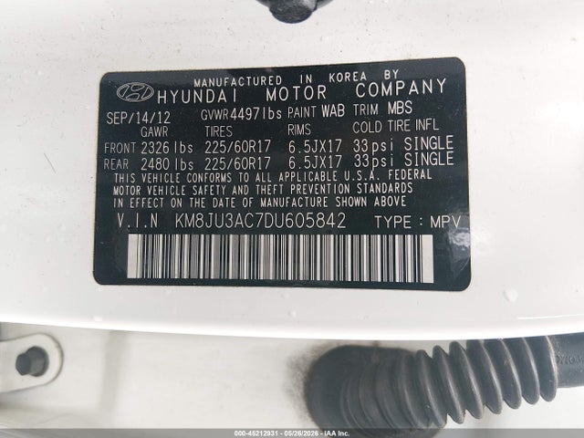 45212931 :رقم المزاد ، KM8JU3AC7DU605842 vin ، 2013 Hyundai Tucson Gls مزاد بيع