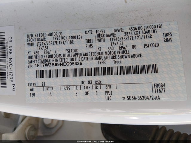 Aukcja sprzedaży 2022 Ford F-250 Xl, vin: 1FT7W2B69NEC95636, numer aukcji: 45212935