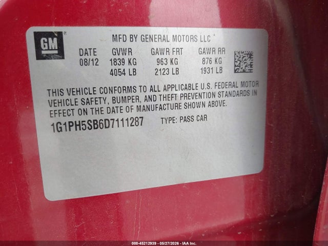 45212939 :رقم المزاد ، 1G1PH5SB6D7111287 vin ، 2013 Chevrolet Cruze Eco Auto مزاد بيع