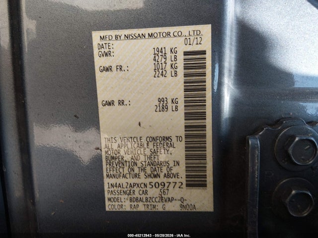 2012 Nissan Altima 2.5 S მანქანა იყიდება აუქციონზე, vin: 1N4AL2APXCN509772, აუქციონის ნომერი: 45212943