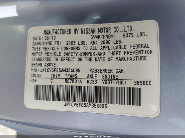 45212948 :رقم المزاد ، JN1CV6FE5AM354095 vin ، 2010 Infiniti G37 مزاد بيع