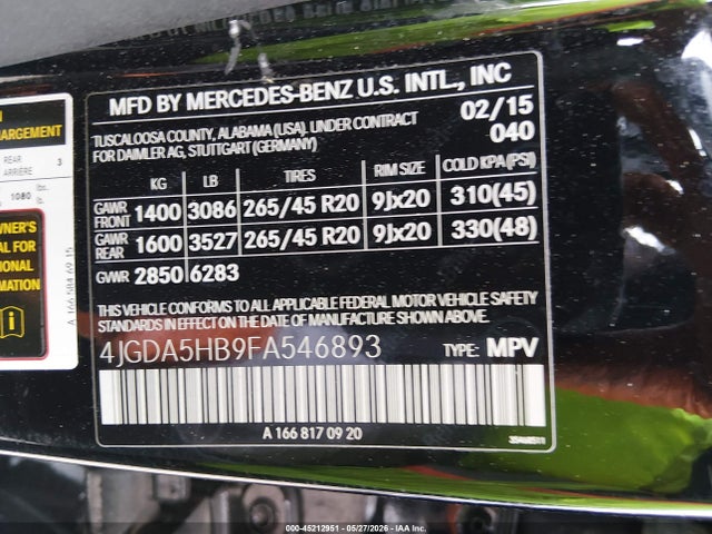 4JGDA5HB9FA546893 Mercedes-Benz Ml 350 4matic