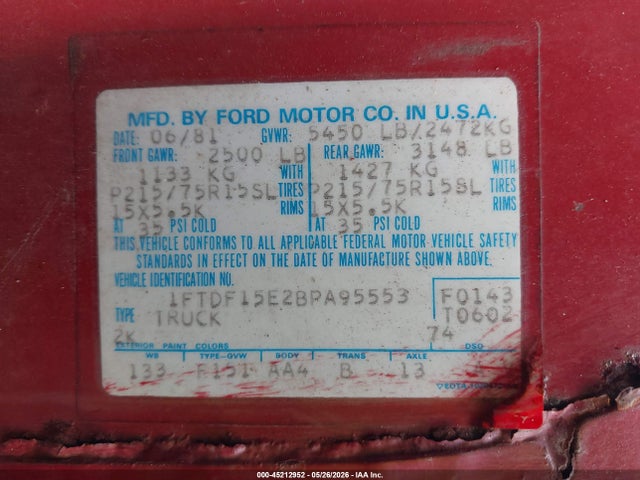 45212952 :رقم المزاد ، 1FTDF15E2BPA95553 vin ، 1981 Ford F150 مزاد بيع
