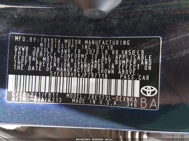 Toyota COROLLA LE 2018 5YFBURHE4JP797118 Image 9