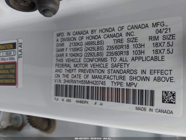 2HKRW1H55MH420745 Honda Cr-v 2wd Ex