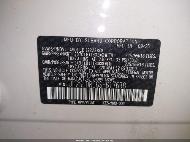 2025 Subaru Forester Limited მანქანა იყიდება აუქციონზე, vin: JF2SLDRC6SH617638, აუქციონის ნომერი: 45212981