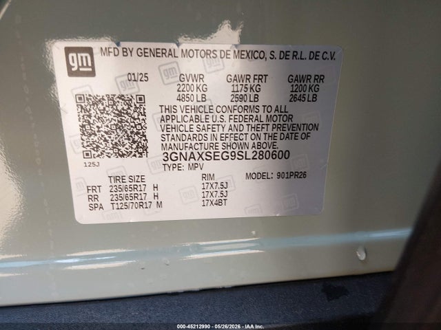 2025 Chevrolet Equinox Awd Activ მანქანა იყიდება აუქციონზე, vin: 3GNAXSEG9SL280600, აუქციონის ნომერი: 45212990