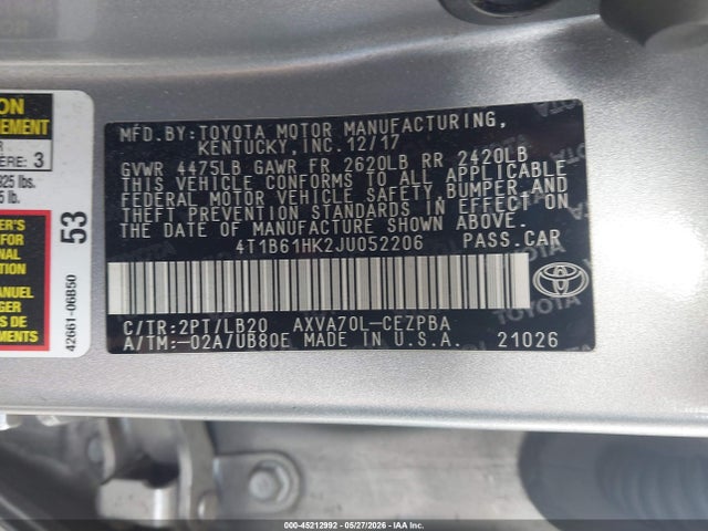4T1B61HK2JU052206 Toyota CAMRY XSE