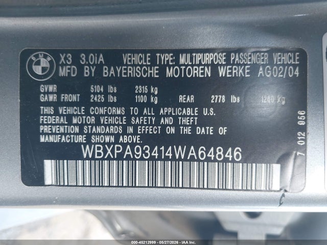 Aukcja sprzedaży 2004 Bmw X3 3.0i, vin: WBXPA93414WA64846, numer aukcji: 45212999