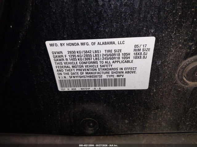 Honda Pilot Ex-l 2017 5FNYF6H57HB038732 Image 9