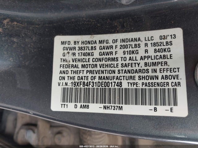 Aukcja sprzedaży 2013 Honda Civic Hybrid, vin: 19XFB4F31DE001748, numer aukcji: 45213013