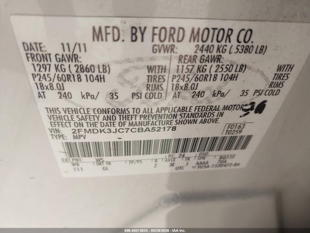 45213033 :رقم المزاد ، 2FMDK3JC7CBA52178 vin ، 2012 Ford Edge Sel مزاد بيع