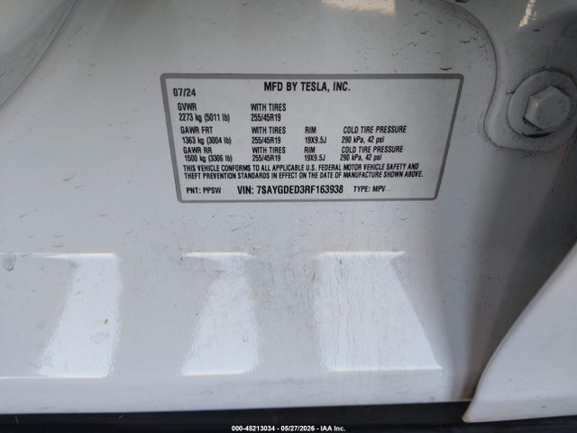 45213034 :رقم المزاد ، 7SAYGDED3RF163938 vin ، 2024 Tesla Model Y Long Range Single Motor Rear-wheel Drive/rwd مزاد بيع