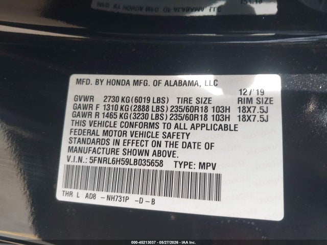 Honda ODYSSEY EX 2020 5FNRL6H59LB035658 Image 9