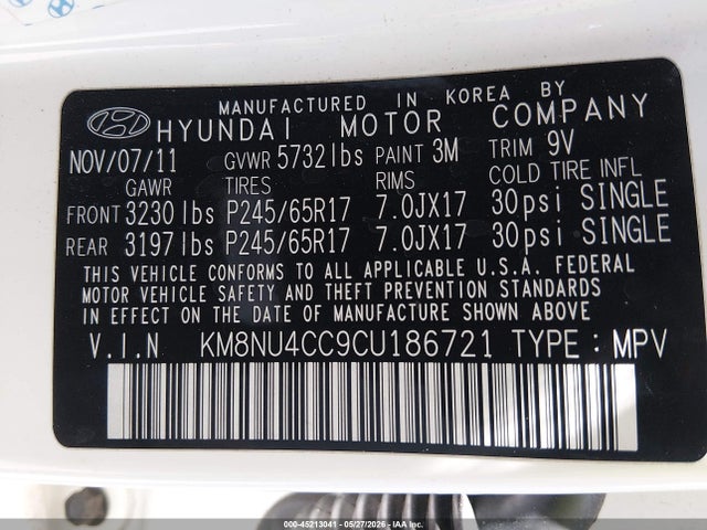 Aukcja sprzedaży 2012 Hyundai Veracruz Gls, vin: KM8NU4CC9CU186721, numer aukcji: 45213041