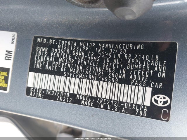Продажа на аукционе авто 2021 Toyota Corolla Le, vin: 5YFEPMAE9MP149599, номер лота: 45213042
