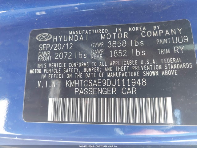 Продажа на аукционе авто 2013 Hyundai Veloster Turbo W/black, vin: KMHTC6AE9DU111948, номер лота: 45213045