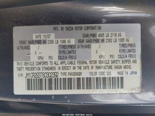 2008 Mazda Mazda5 Sport მანქანა იყიდება აუქციონზე, vin: JM1CR293780302392, აუქციონის ნომერი: 45213050
