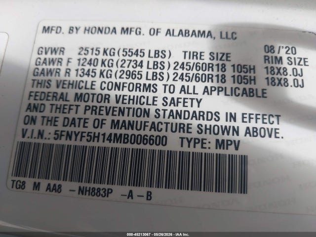 Honda Pilot 2wd Lx 2021 5FNYF5H14MB006600 Image 9