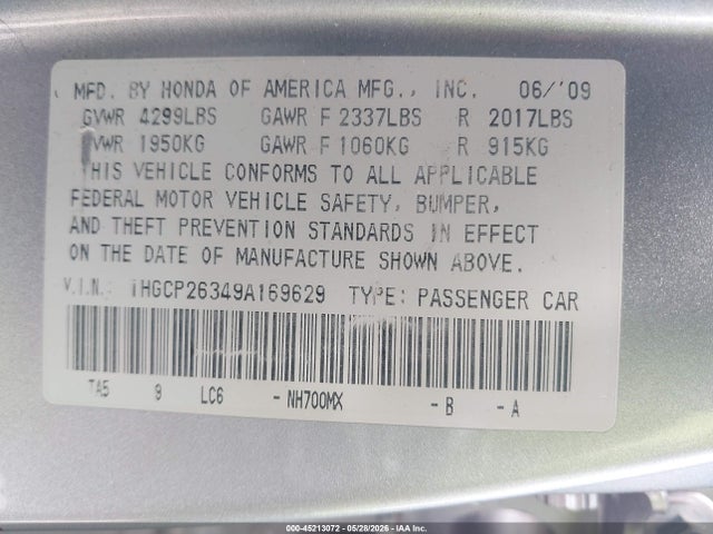 Продаж на аукціоні авто 2009 Honda Accord 2.4 Lx, vin: 1HGCP26349A169629, номер лоту: 45213072