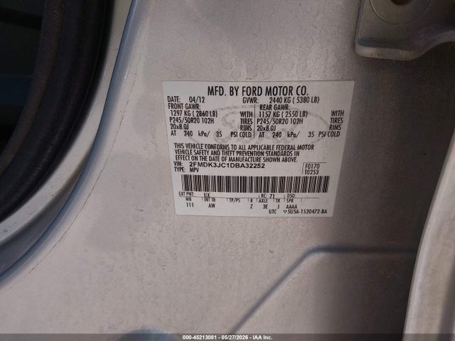 Aukcja sprzedaży 2013 Ford Edge Sel, vin: 2FMDK3JC1DBA32252, numer aukcji: 45213081
