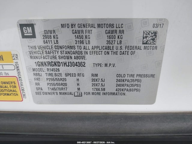 45213087 :رقم المزاد ، 1GNKRGKD1HJ304362 vin ، 2017 Chevrolet Traverse 1lt مزاد بيع
