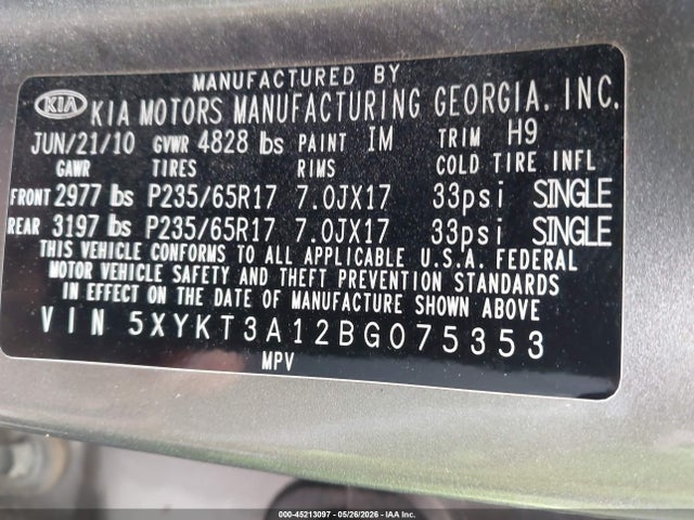 2011 Kia Sorento Lx მანქანა იყიდება აუქციონზე, vin: 5XYKT3A12BG075353, აუქციონის ნომერი: 45213097